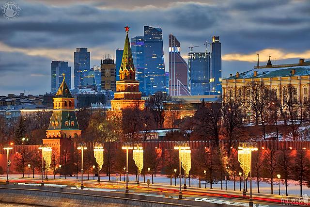 Kremlin Towers and Moskva City Skyline in Winter Twilight