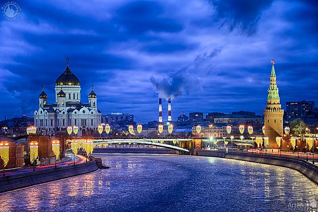 Winterscape of Icy Moskva-River and Moscow Landmarks in Blue Hour