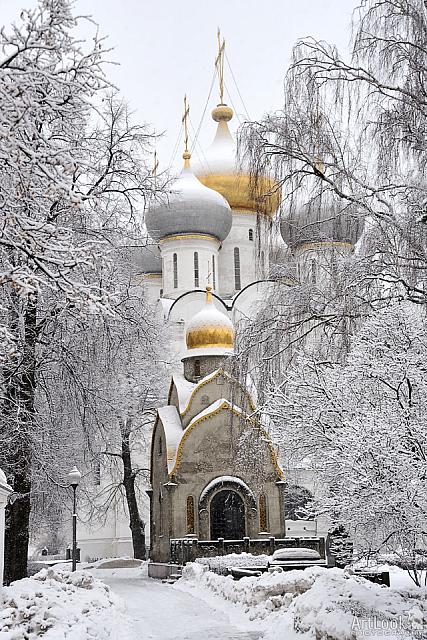 Smolensky Church and Prohorov Chapel Framed by Trees in Snow