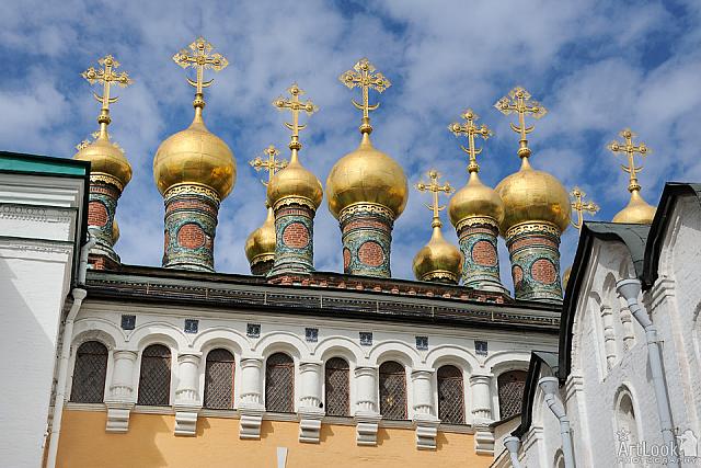 Gilded Cupolas of Terem Palace Churches Against Beautiful Skies