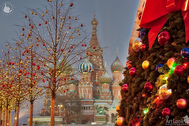 St. Basil’s Cathedral Framed by New Year and Christmas Trees