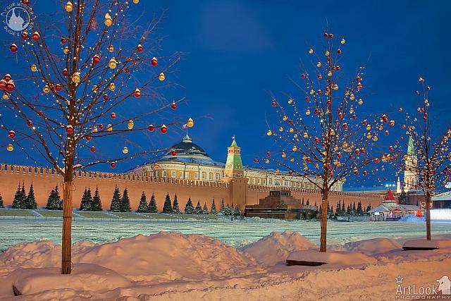 Festive Red Square After Snowfall in Twilight