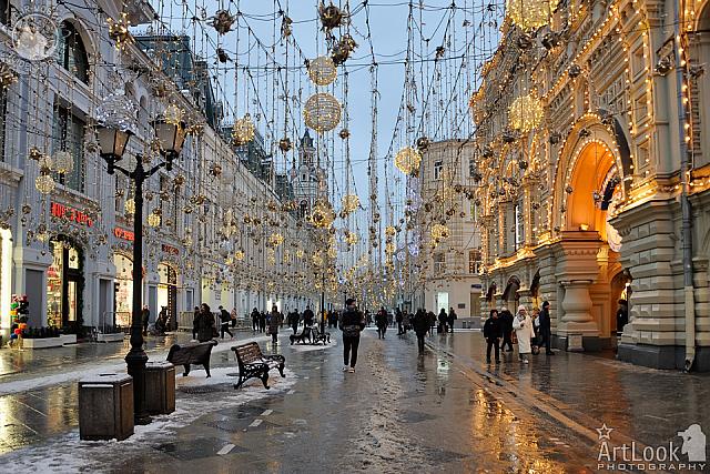 Lights of Nikolskaya Street in Winter Twilight