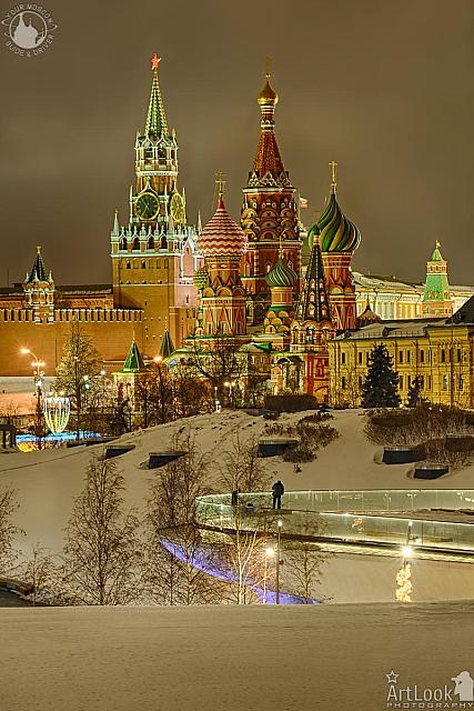 Snow Covered St. Basil’s Cathedral and Spasskaya Tower in Winter