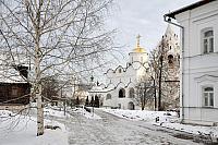 Winter Scene of Pokrovsky Convent framed by Birch Tree