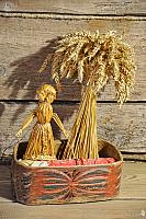 Slavic Amulet Doll and Sheaf of Straw in Birch Bark Box