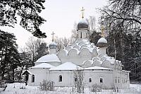 The Church of Archangel Michael framed with Trees in Snow