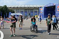 Dancing with USA Flag at the Exposition Area of Luzhniki Stadium