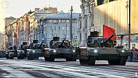 Column of T-14 Armata Tanks with Red Banner on Tverskaya Street