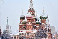 Domes of St. Basil’s Cathedral Under Heavy Snowfall