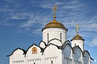 Helmet Domes of Intercession Church in Suzdal under Cirrus Cloud