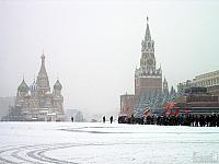 Red Soviet Flags on Snowy Red Square