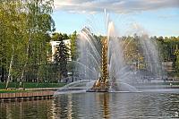 Golden Spike Fountain Framed by Birch Trees at Sunset