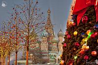 St. Basil’s Cathedral Framed by New Year and Christmas Trees