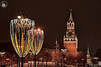 Glass-Shaped Street Lights and Spasskaya Tower at Night