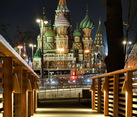 Wooden Bridge Leading to St. Basil’s Cathedral at Autumn Night