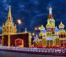 Light Installations of Main Moscow Attractions Under Twilight Skies